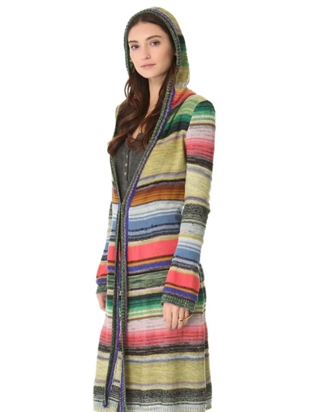 Free People Serape Long Cardigan Sweater Duster Hoodie Size XS Rainbow Knit